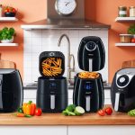 A kitchen countertop with various air fryer models, surrounded by fresh vegetables and healthy ingredients