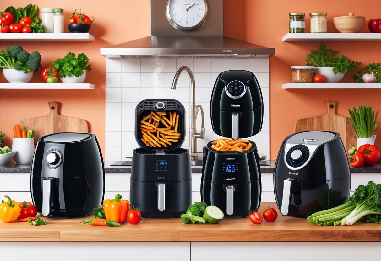 Feature image A kitchen countertop with various air fryer models, surrounded by fresh vegetables and healthy ingredients