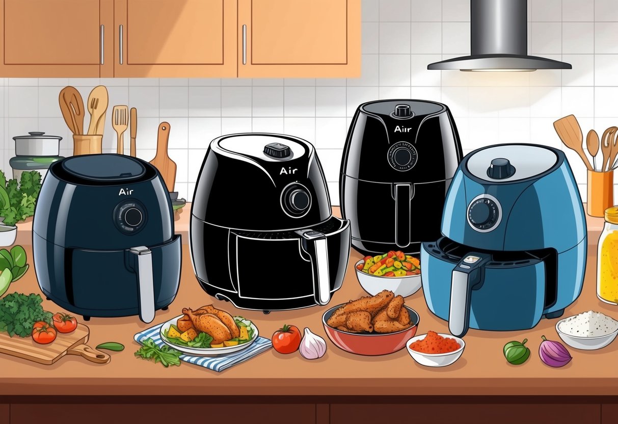 A variety of air fryers of different sizes and capacities on a kitchen counter, surrounded by healthy cooking ingredients and utensils