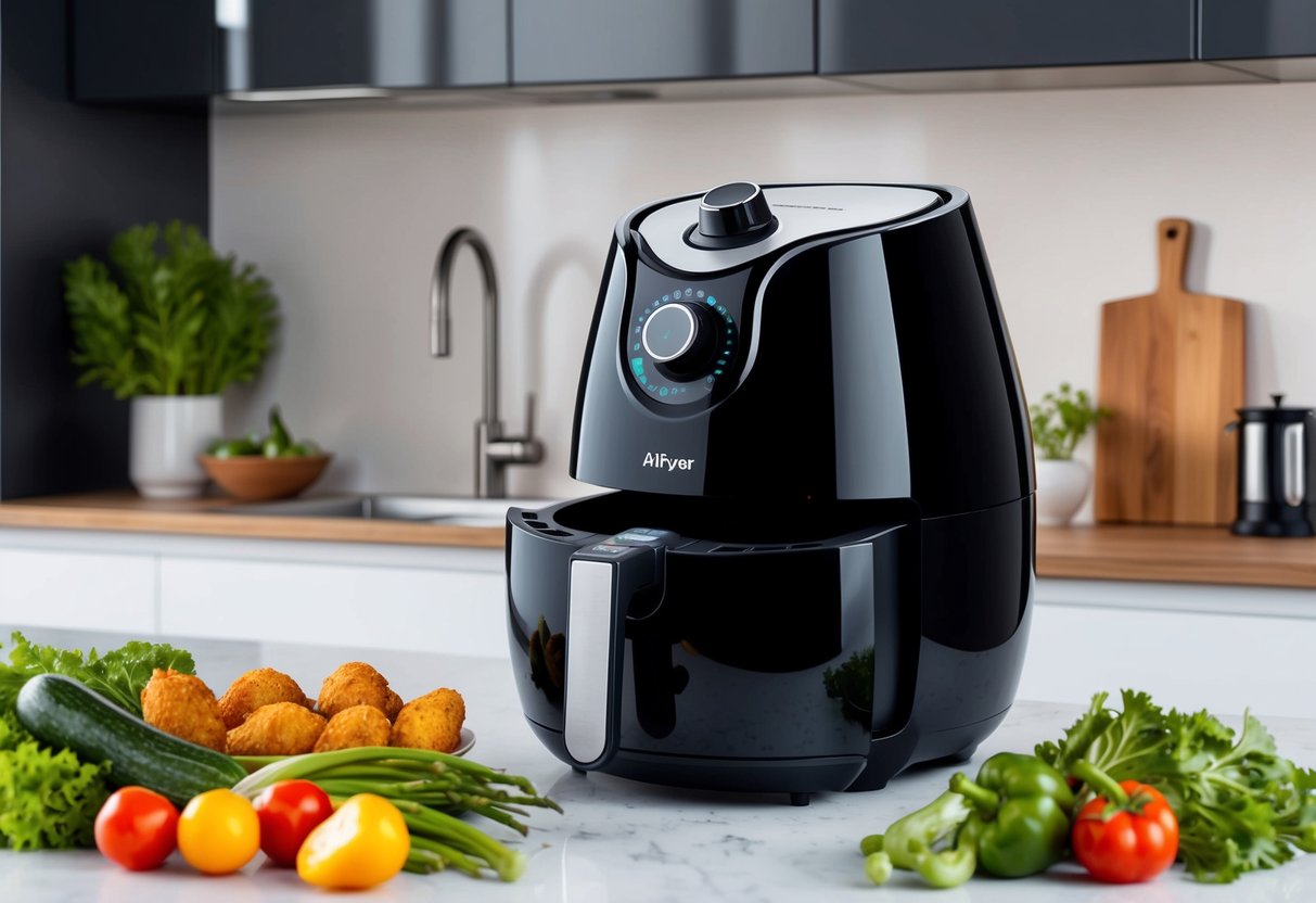 A clean and well-maintained air fryer sits on a kitchen counter, surrounded by fresh vegetables and a sleek, modern kitchen decor