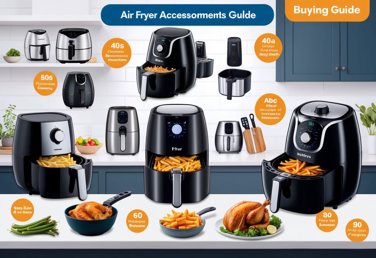 A kitchen scene with various air fryer accessories and enhancements displayed next to different models of air fryers, creating a visually appealing and informative buying guide for healthy cooking