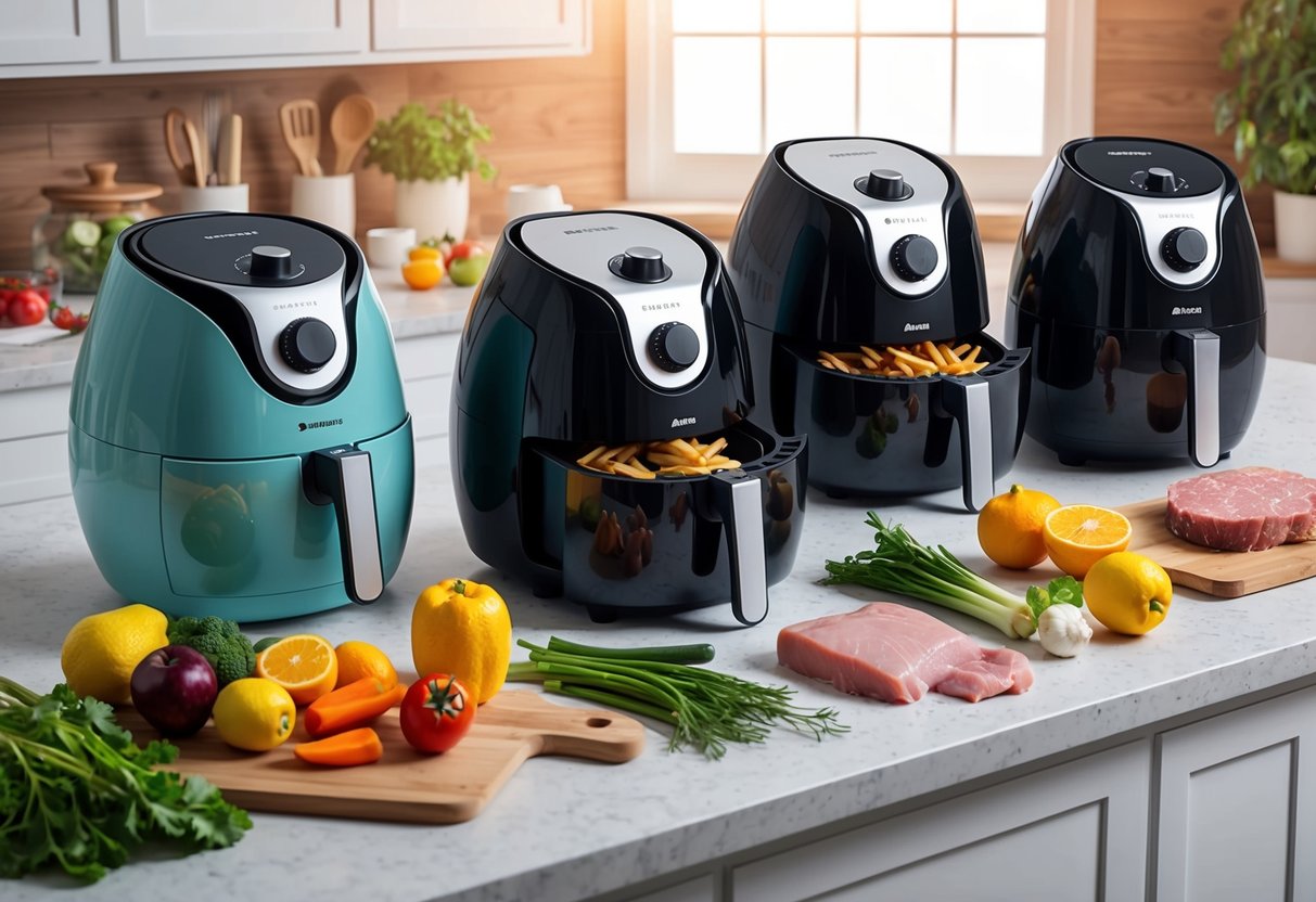 A kitchen countertop with various air fryer models, surrounded by fresh fruits, vegetables, and lean meats