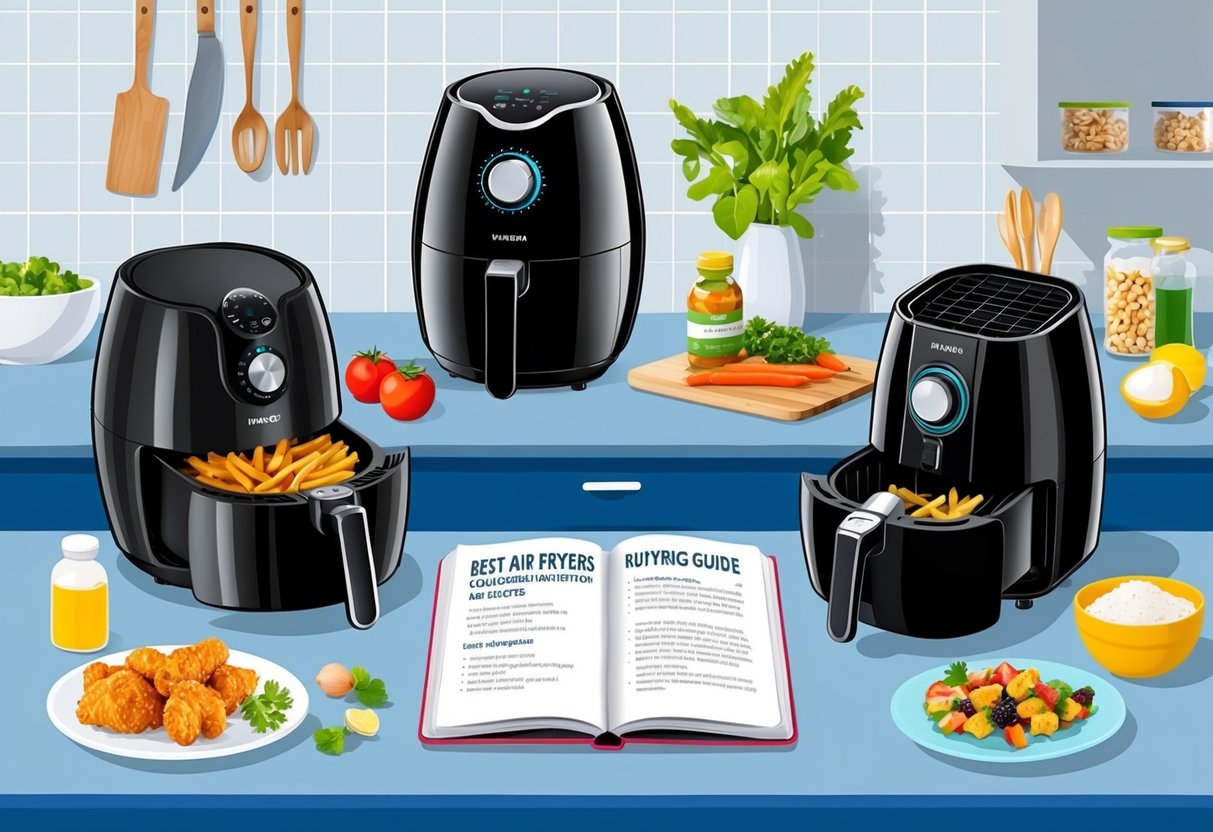 A kitchen counter with various air fryer models, surrounded by healthy food ingredients and a notebook with a "Best Air Fryers" review and buying guide open to the frequently asked questions section