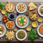 A table set with an array of classic Italian dishes, including pasta, pizza, risotto, and antipasti, surrounded by traditional Italian ingredients such as tomatoes, olives, basil, and olive oil
