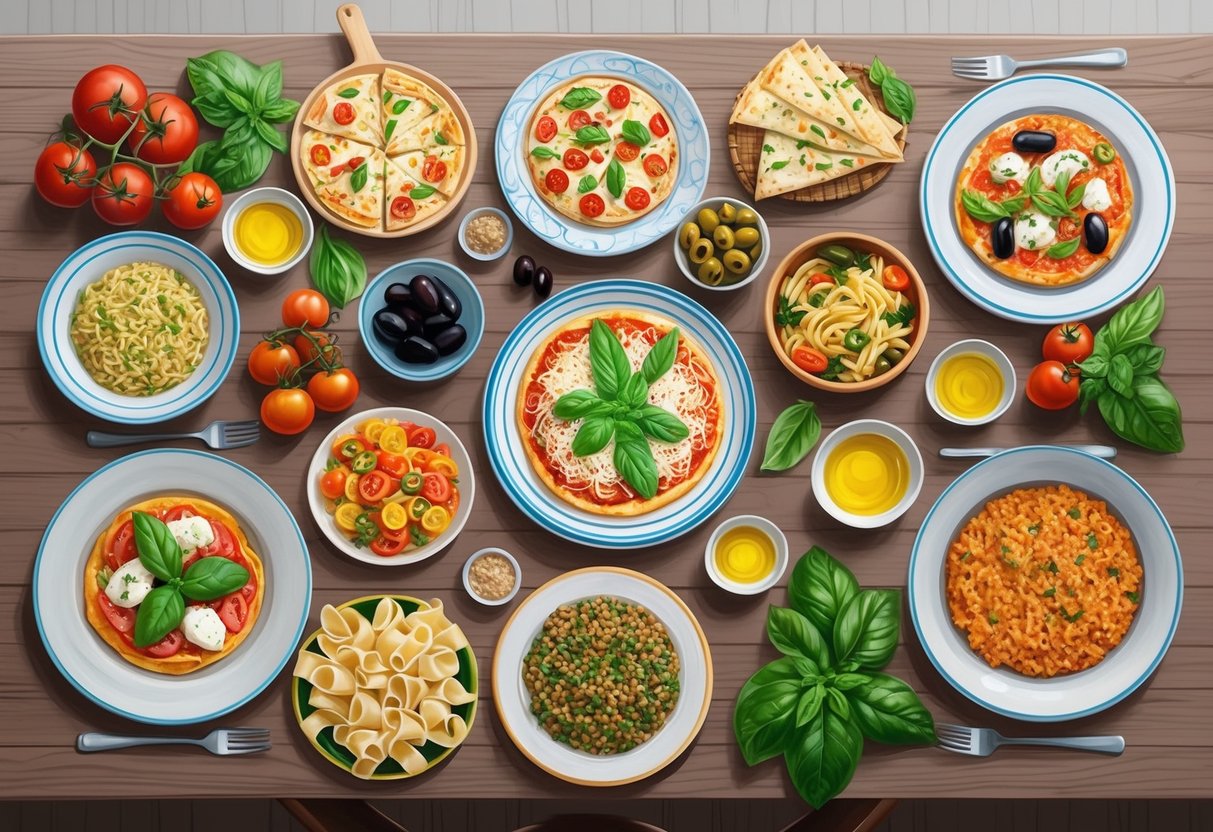 A table set with an array of classic Italian dishes, including pasta, pizza, risotto, and antipasti, surrounded by traditional Italian ingredients such as tomatoes, olives, basil, and olive oil