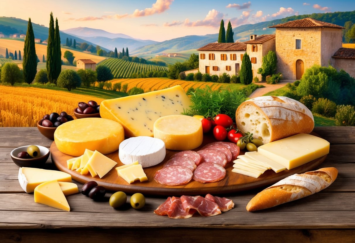A rustic wooden table adorned with an assortment of Italian cheeses, cured meats, olives, and bread, set against a backdrop of traditional Italian countryside