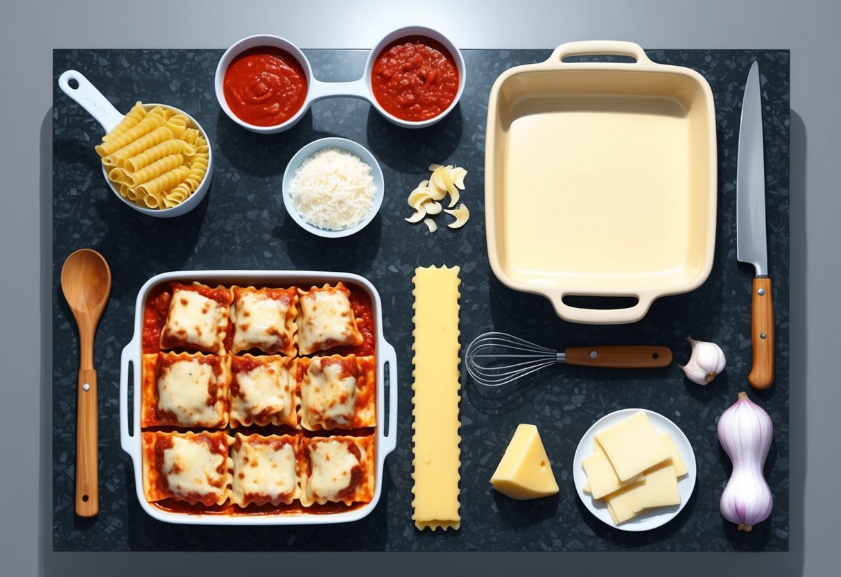 A kitchen counter with ingredients and tools laid out for making lasagna, including pasta, sauce, cheese, and a baking dish