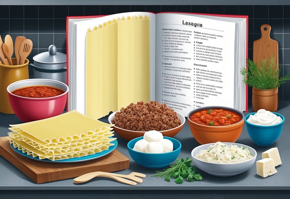 A cluttered kitchen counter with neatly arranged ingredients for lasagna: fresh pasta sheets, ground meat, marinara sauce, ricotta cheese, mozzarella, and herbs. A recipe book is open to the lasagna page