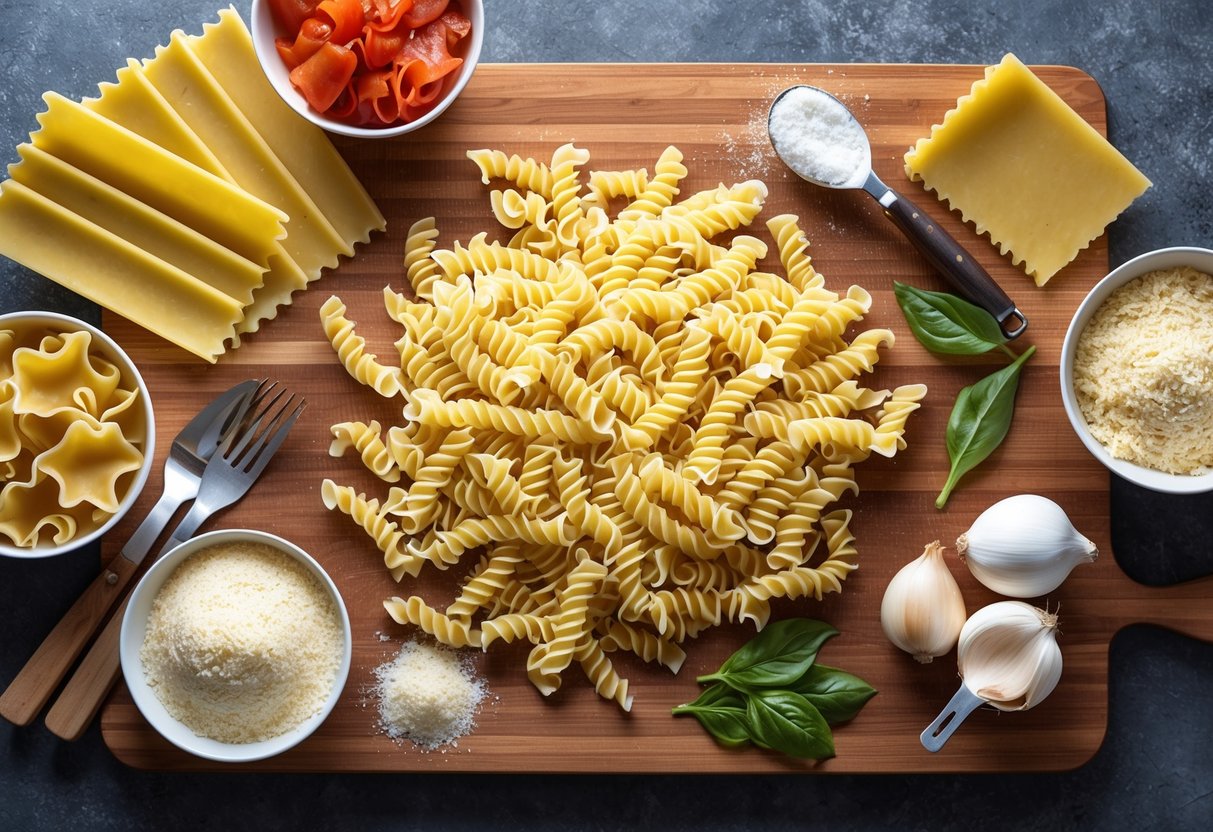 A variety of lasagna noodles and pasta shapes arranged on a wooden cutting board, surrounded by ingredients and utensils for making homemade lasagna