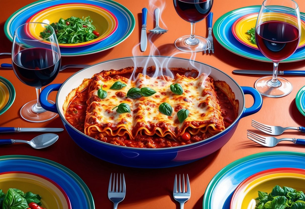 A table set with a steaming hot lasagna, surrounded by colorful plates, utensils, and glasses of wine