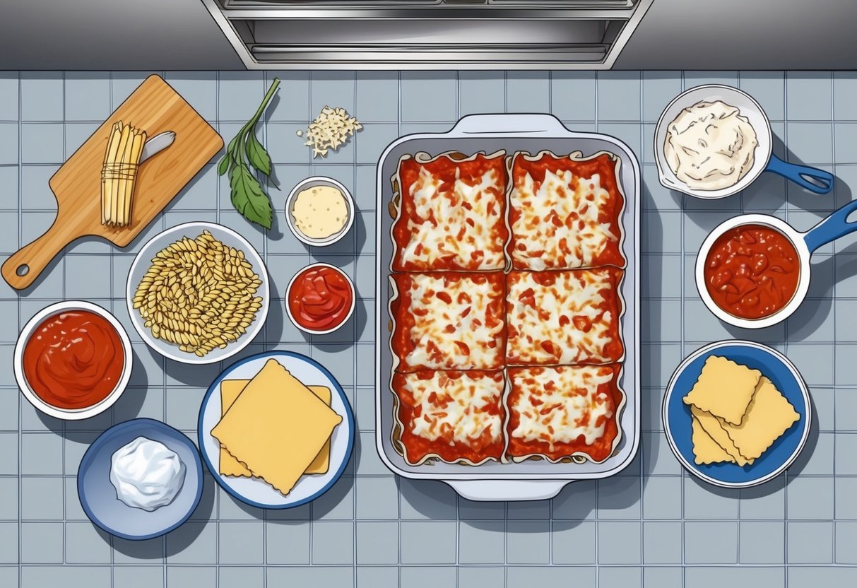 A kitchen counter with ingredients and kitchen tools laid out for making lasagna, including pasta, sauce, cheese, and a baking dish