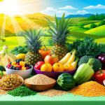 A colorful array of whole grains, fruits, and vegetables arranged on a table, with a vibrant background of natural landscapes and sunlight streaming in