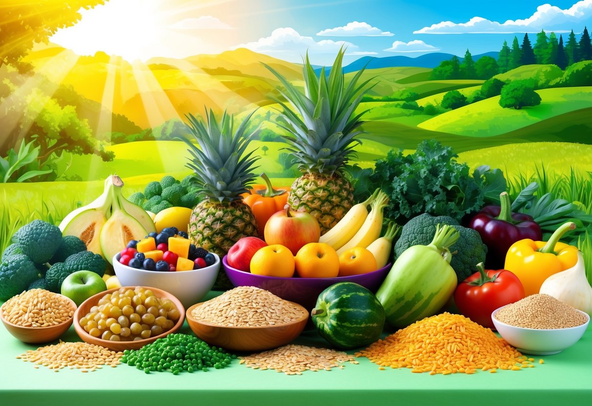 A colorful array of whole grains, fruits, and vegetables arranged on a table, with a vibrant background of natural landscapes and sunlight streaming in