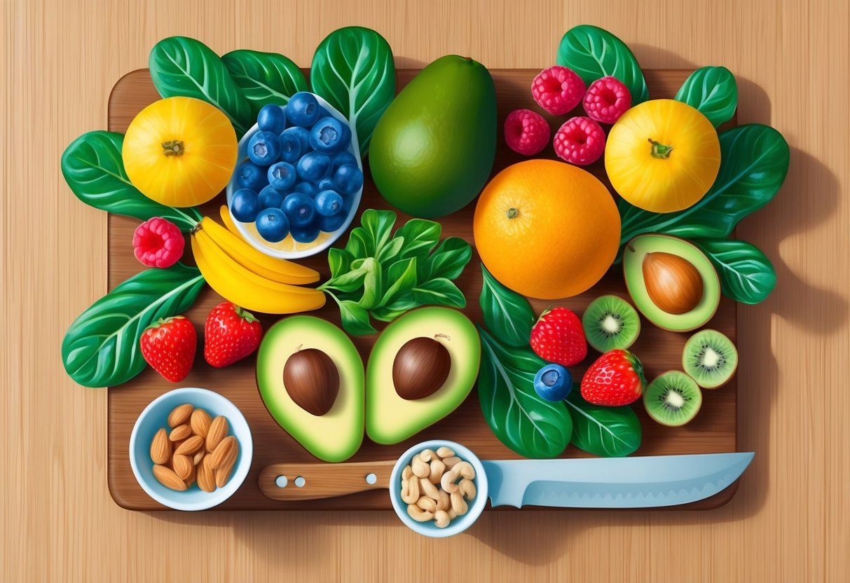 A vibrant assortment of fruits, including berries, avocado, and leafy greens, arranged on a wooden cutting board with a knife and a bowl of nuts