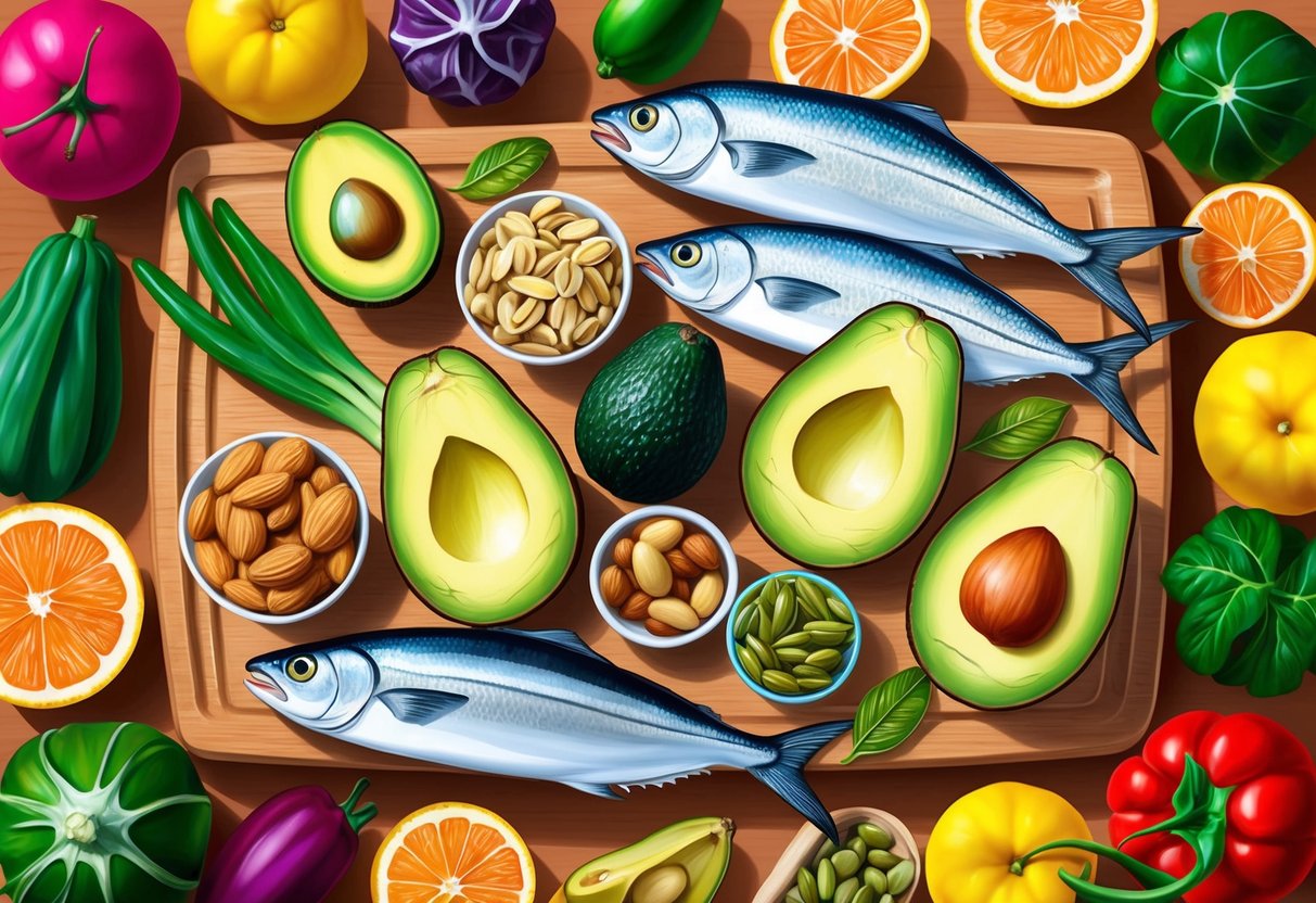 A colorful array of avocados, nuts, seeds, and fish arranged on a wooden cutting board, surrounded by vibrant fruits and vegetables