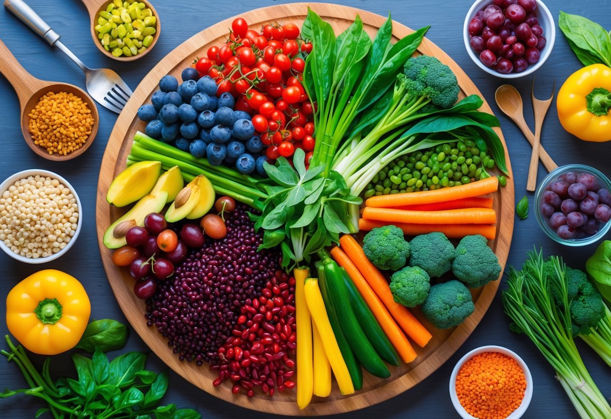A vibrant array of superfoods arranged on a wooden cutting board, surrounded by fresh ingredients and kitchen utensils