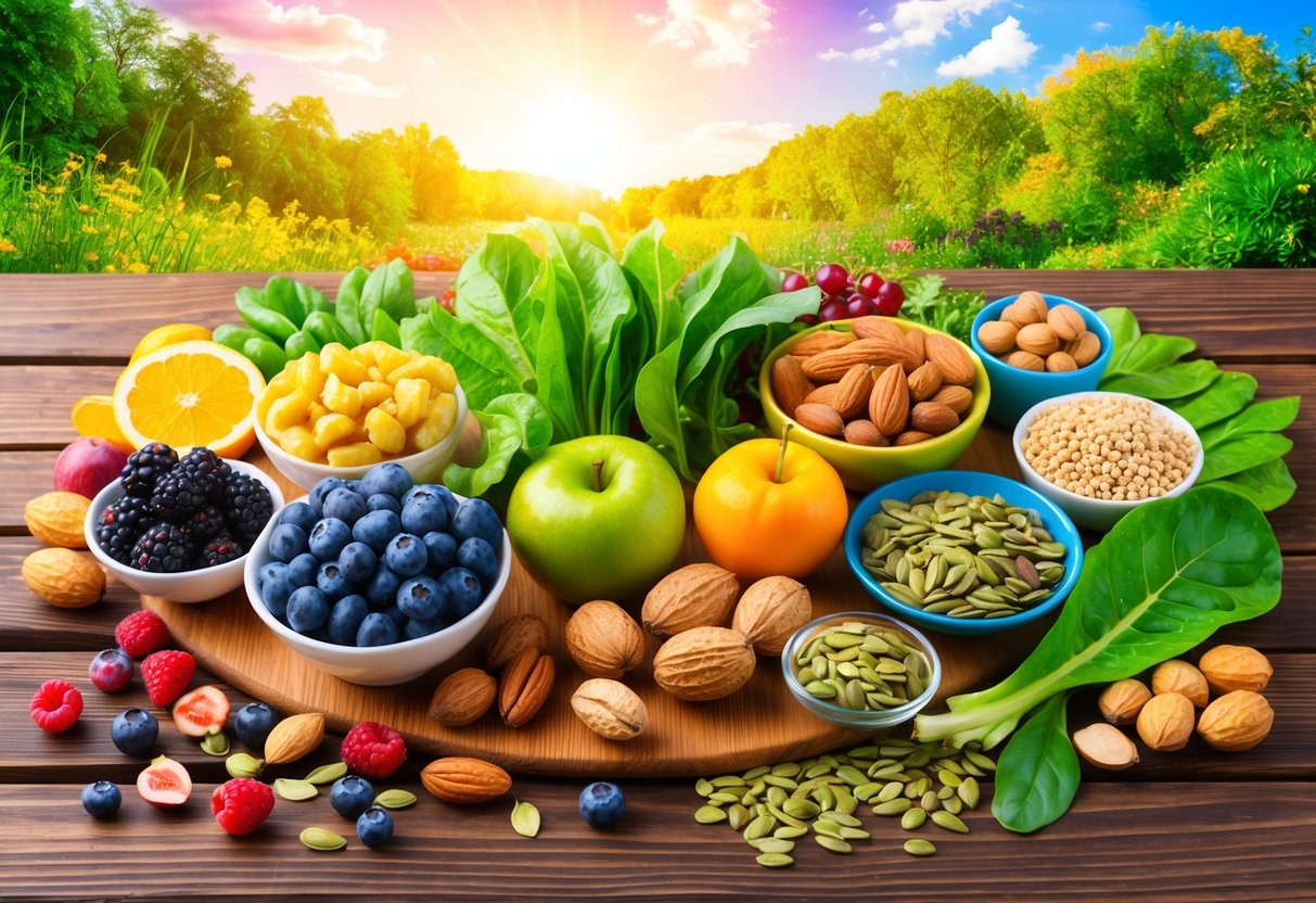 A colorful array of superfoods arranged on a wooden table, including berries, nuts, leafy greens, and seeds, with a vibrant backdrop of nature