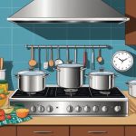 A busy kitchen with pots on the stove, ingredients on the counter, and a clock showing 30 minutes