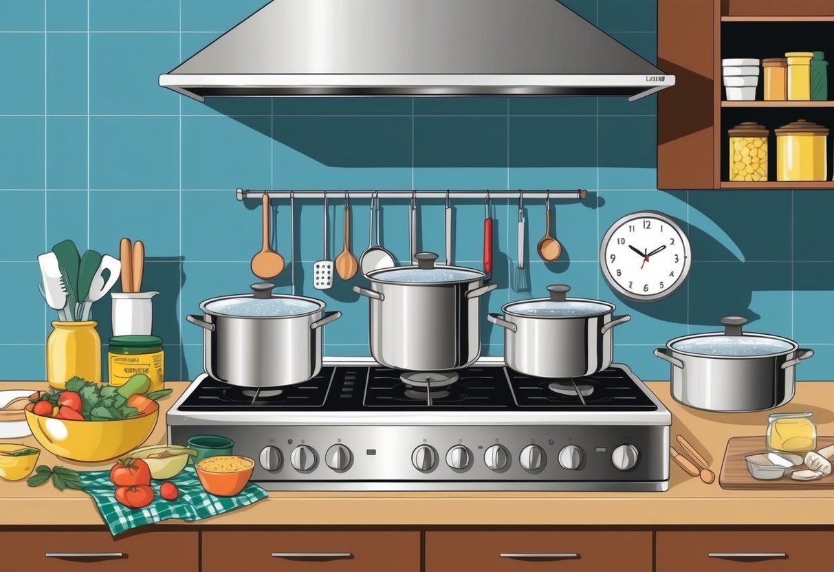 A busy kitchen with pots on the stove, ingredients on the counter, and a clock showing 30 minutes