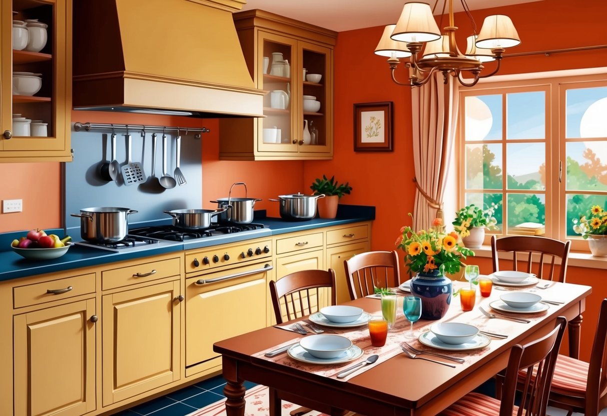 A cozy kitchen with pots simmering on the stove, a table set for a family dinner, and a warm, inviting atmosphere