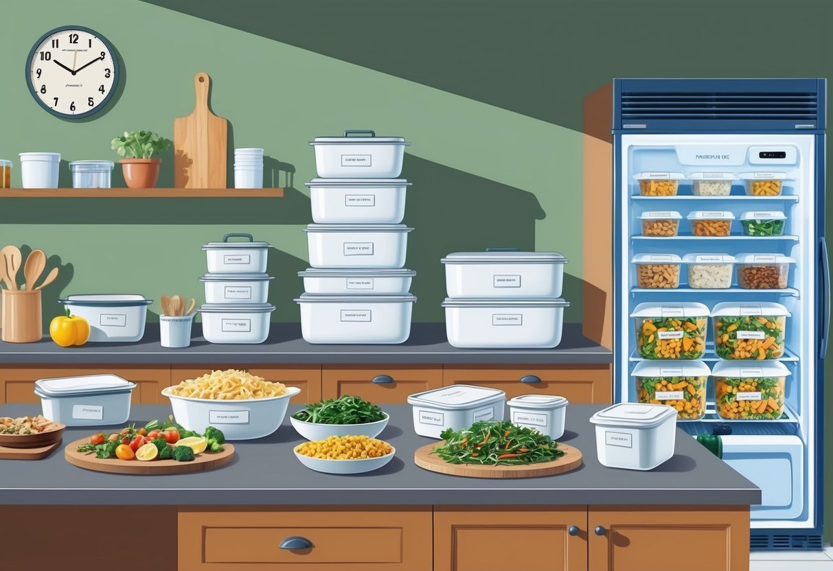 A busy kitchen with prepped ingredients, labeled containers, and a freezer stocked with ready-to-heat meals. A clock on the wall shows the time as 6:30 PM