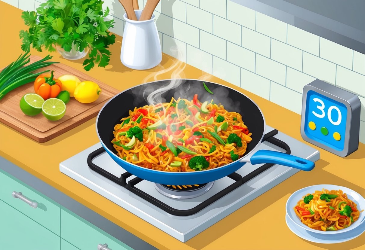A kitchen counter with fresh ingredients, a cutting board, and a skillet sizzling with a colorful stir-fry. A timer shows 30 minutes