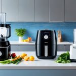 A modern kitchen with sleek appliances and fresh produce on the counter, showcasing a blender, air fryer, and food processor for quick and healthy recipes