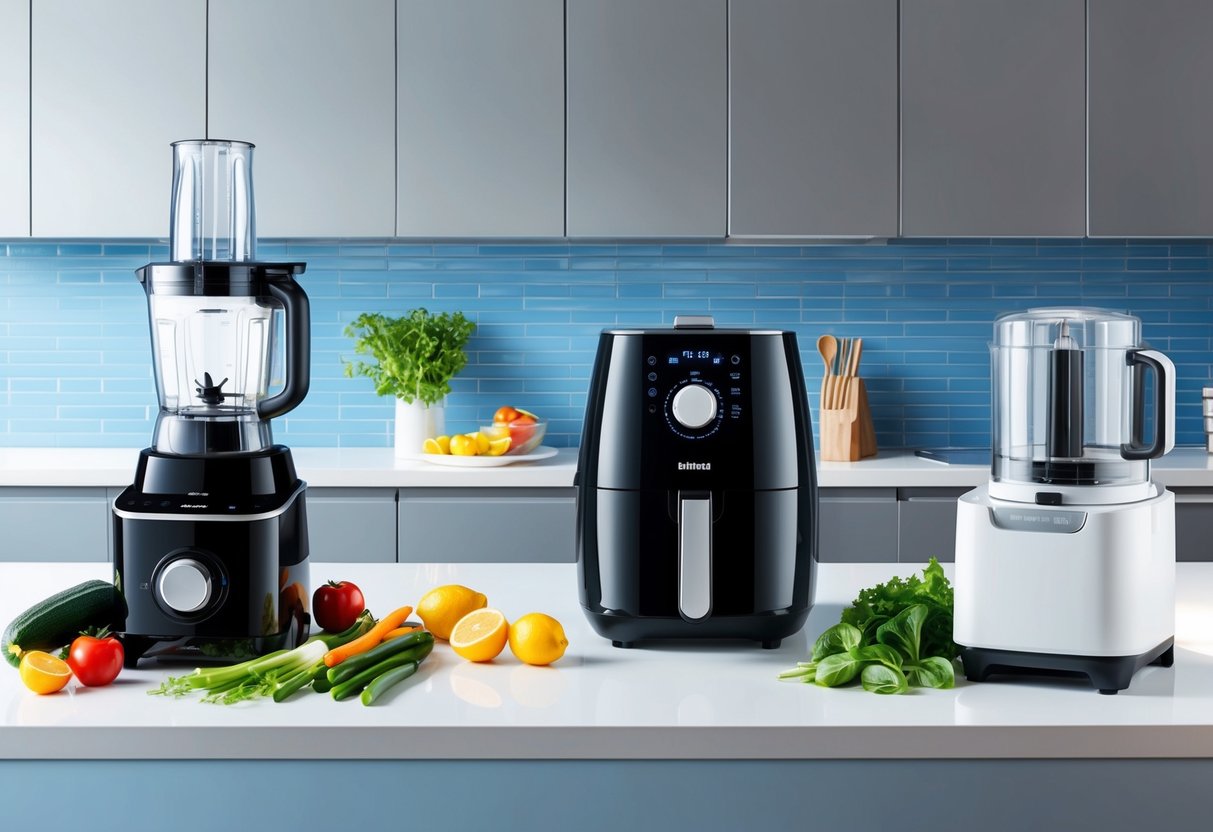 Feature image A modern kitchen with sleek appliances and fresh produce on the counter, showcasing a blender, air fryer, and food processor for quick and healthy recipes