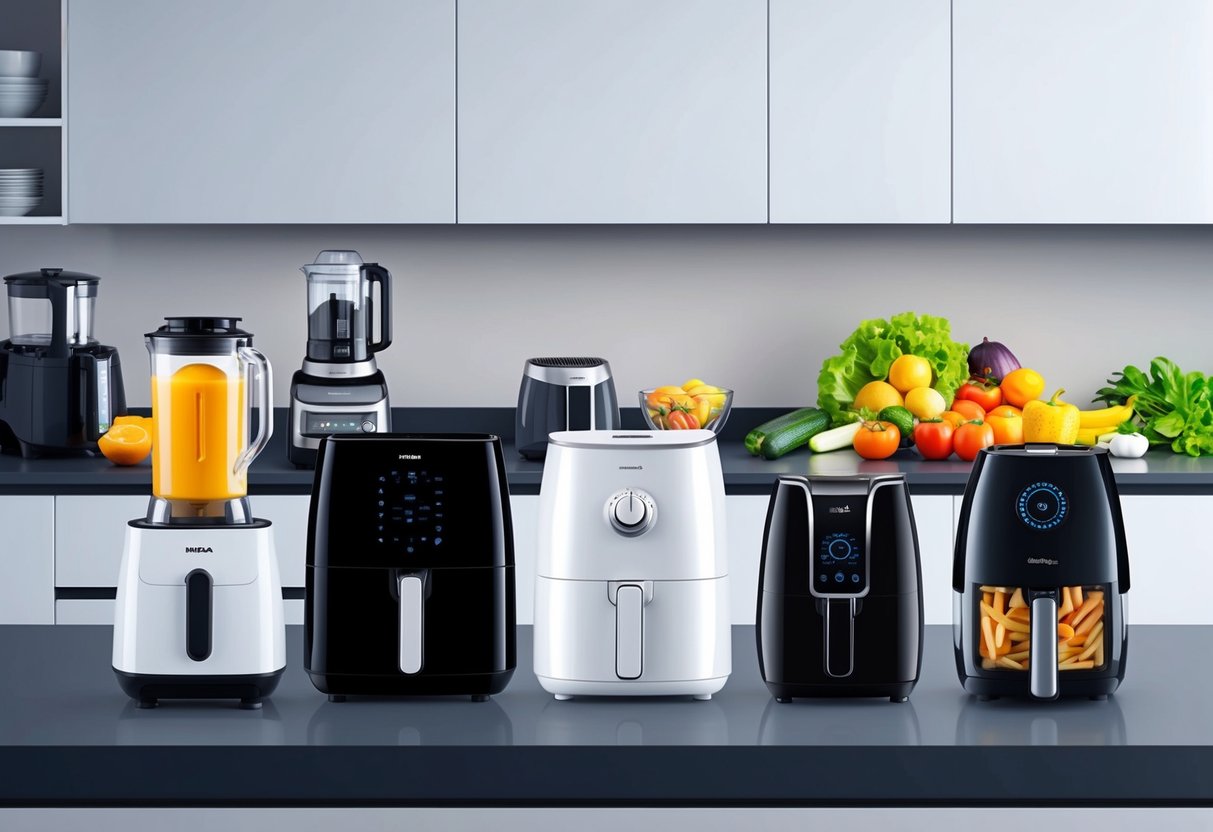 A sleek, modern kitchen with a variety of high-tech appliances, including a blender, air fryer, and juicer, arranged neatly on the counter. Bright, fresh fruits and vegetables are displayed in the background