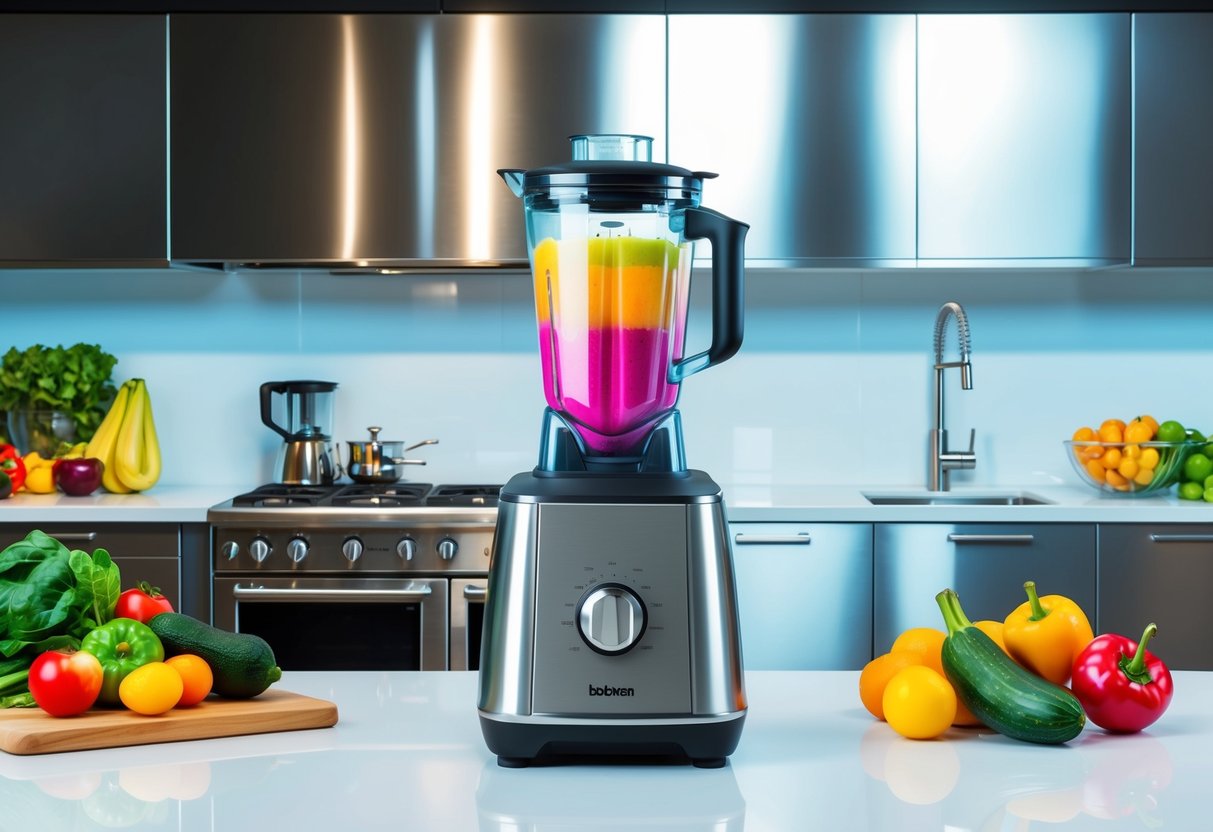 A modern kitchen with sleek, stainless steel appliances and vibrant, fresh produce on the countertops. A blender whirs as it mixes a colorful smoothie