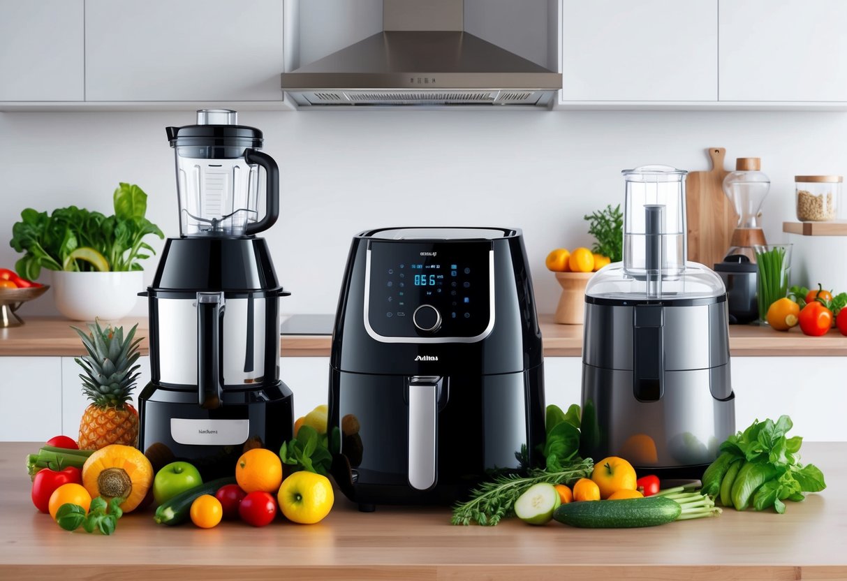 A modern kitchen with sleek appliances, including a blender, air fryer, and food processor, surrounded by fresh fruits and vegetables