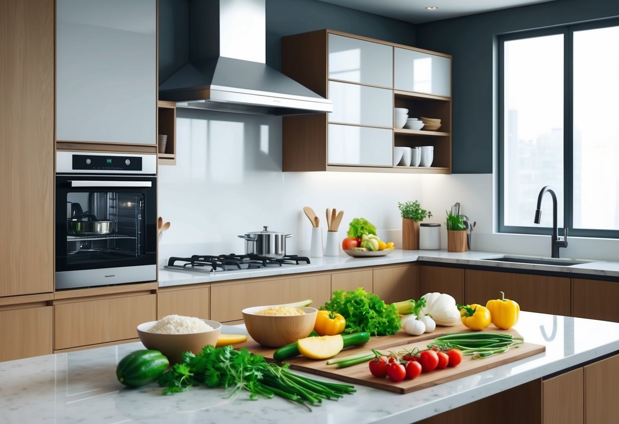 A modern kitchen with sleek appliances and fresh ingredients laid out on the counter for quick and healthy meal preparation