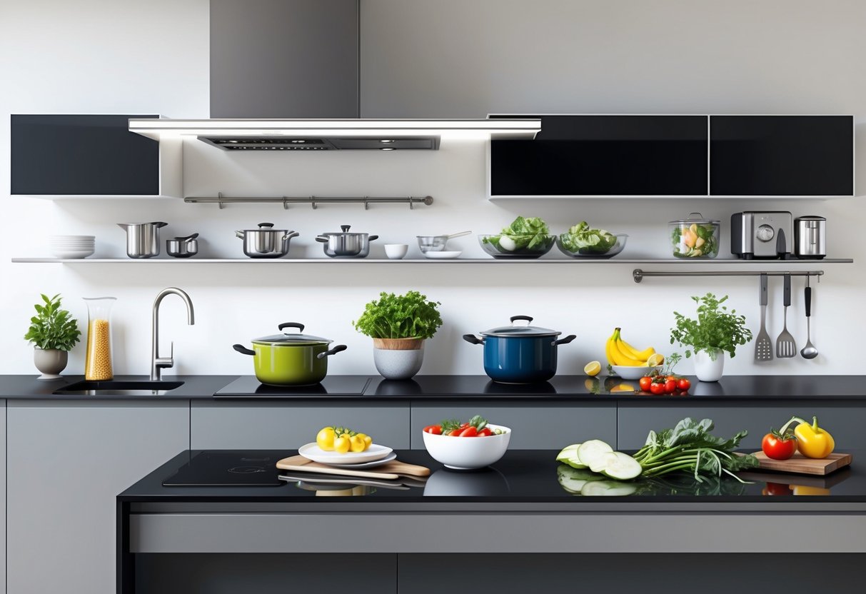 A modern kitchen with sleek appliances and fresh ingredients on the counter, showcasing a vibrant and healthy cooking environment