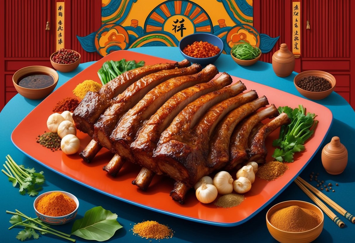 Feature image A platter of roasted pork ribs surrounded by Asian-inspired ingredients and spices, set against a backdrop of traditional cultural elements