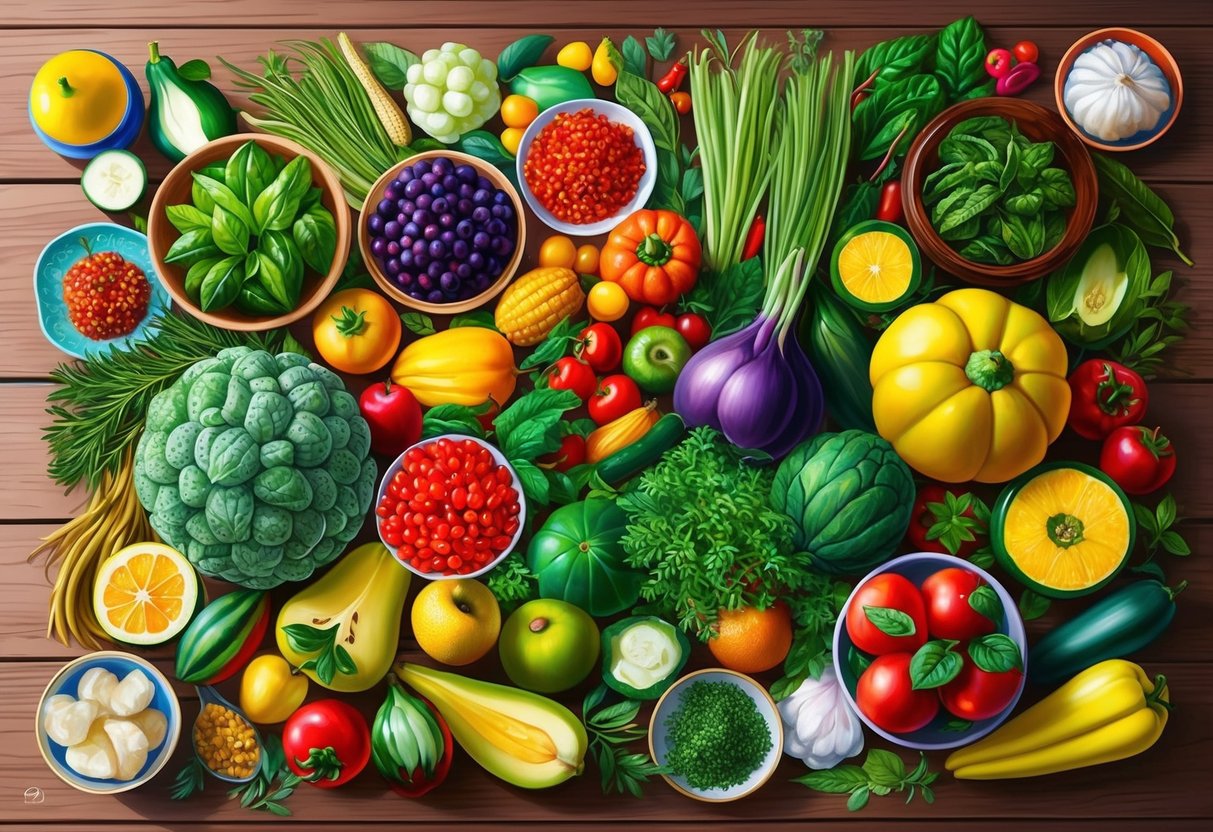 A vibrant array of colorful fruits, vegetables, and herbs arranged on a wooden table, with various cultural elements surrounding them