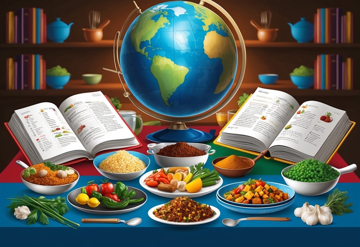 A table spread with ingredients and cooking utensils from various cultures, with recipe books open and a globe in the background