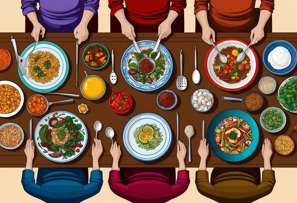 A table with various ingredients and cooking utensils representing different cultures