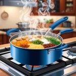 A bubbling pot on a stove with various ingredients being added in, steam rising, and a cozy kitchen setting in the background