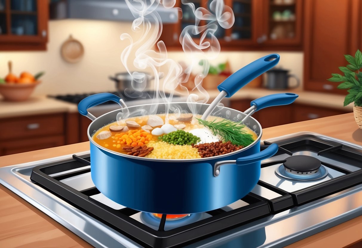 A bubbling pot on a stove with various ingredients being added in, steam rising, and a cozy kitchen setting in the background