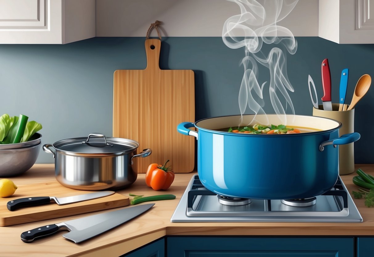 A cluttered kitchen counter with a large pot, cutting board, knife, and various cooking utensils. A stove with a simmering pot and steam rising