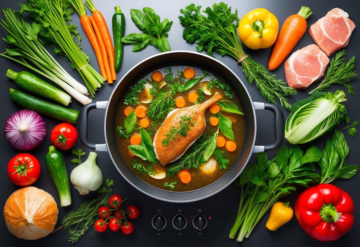 A colorful array of fresh vegetables, herbs, and protein arranged around a large, simmering pot on a stovetop