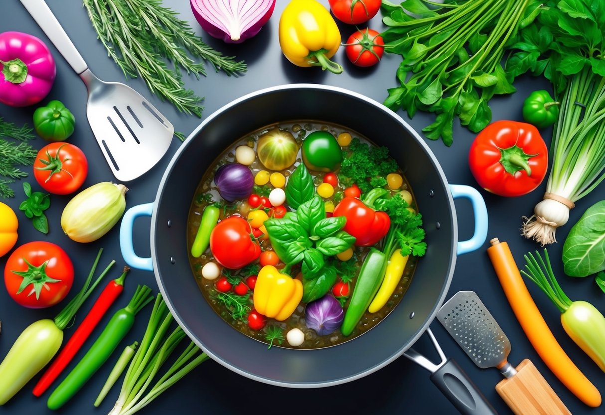 A colorful array of fresh vegetables, herbs, and various kitchen utensils arranged around a bubbling pot on a stove