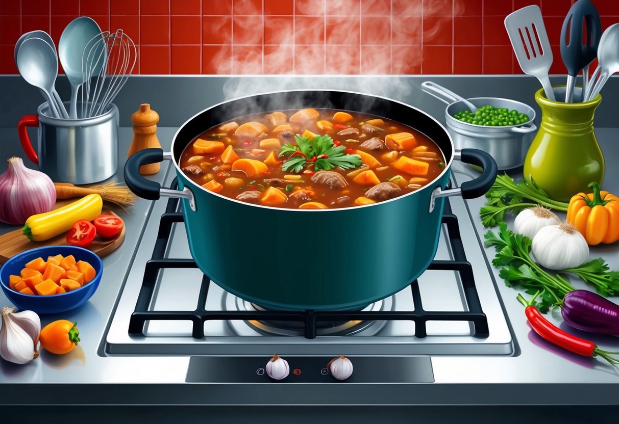 A simmering pot of hearty stew on a stovetop, surrounded by various kitchen utensils and fresh ingredients