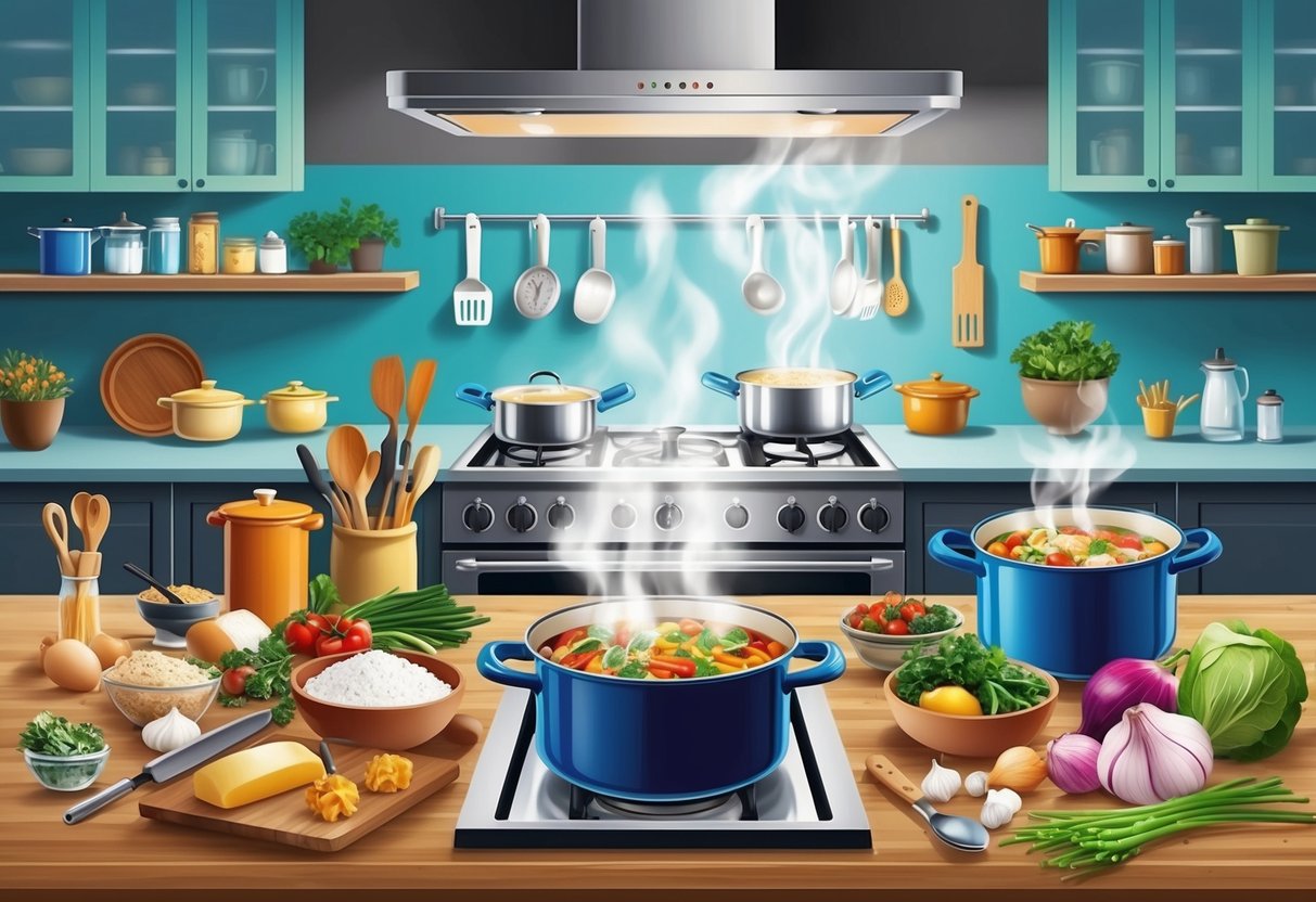 A bustling kitchen with a variety of ingredients and cooking utensils laid out on the counter, a pot simmering on the stove, and steam rising from the dish