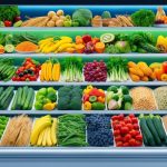 A vibrant array of colorful fruits, vegetables, whole grains, and lean proteins arranged in a bountiful grocery display