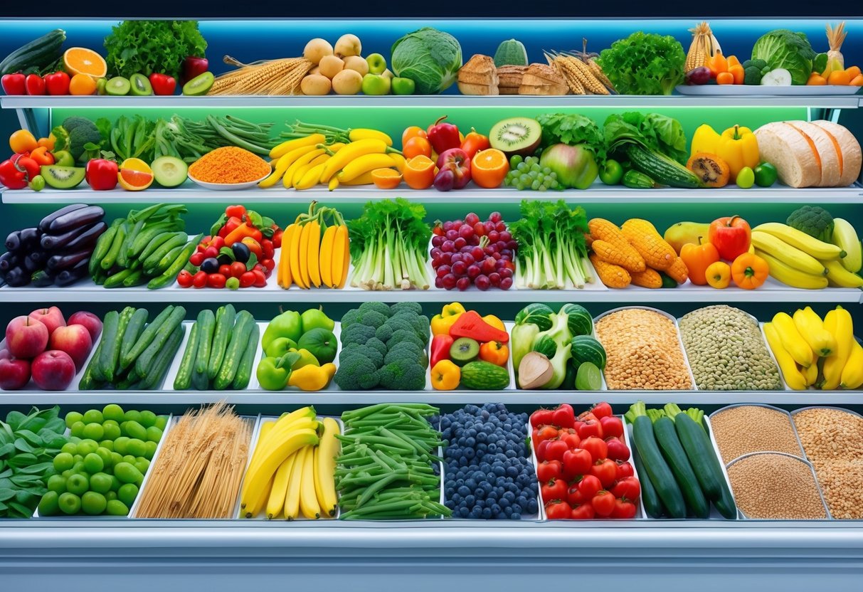 A vibrant array of colorful fruits, vegetables, whole grains, and lean proteins arranged in a bountiful grocery display