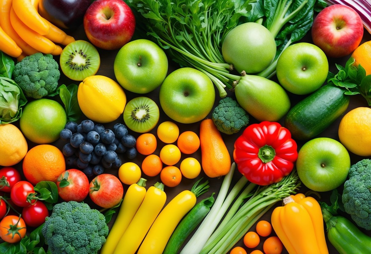 A colorful array of ripe fruits and fresh vegetables arranged in a bountiful display, showcasing the healthiest options for nutritious meals