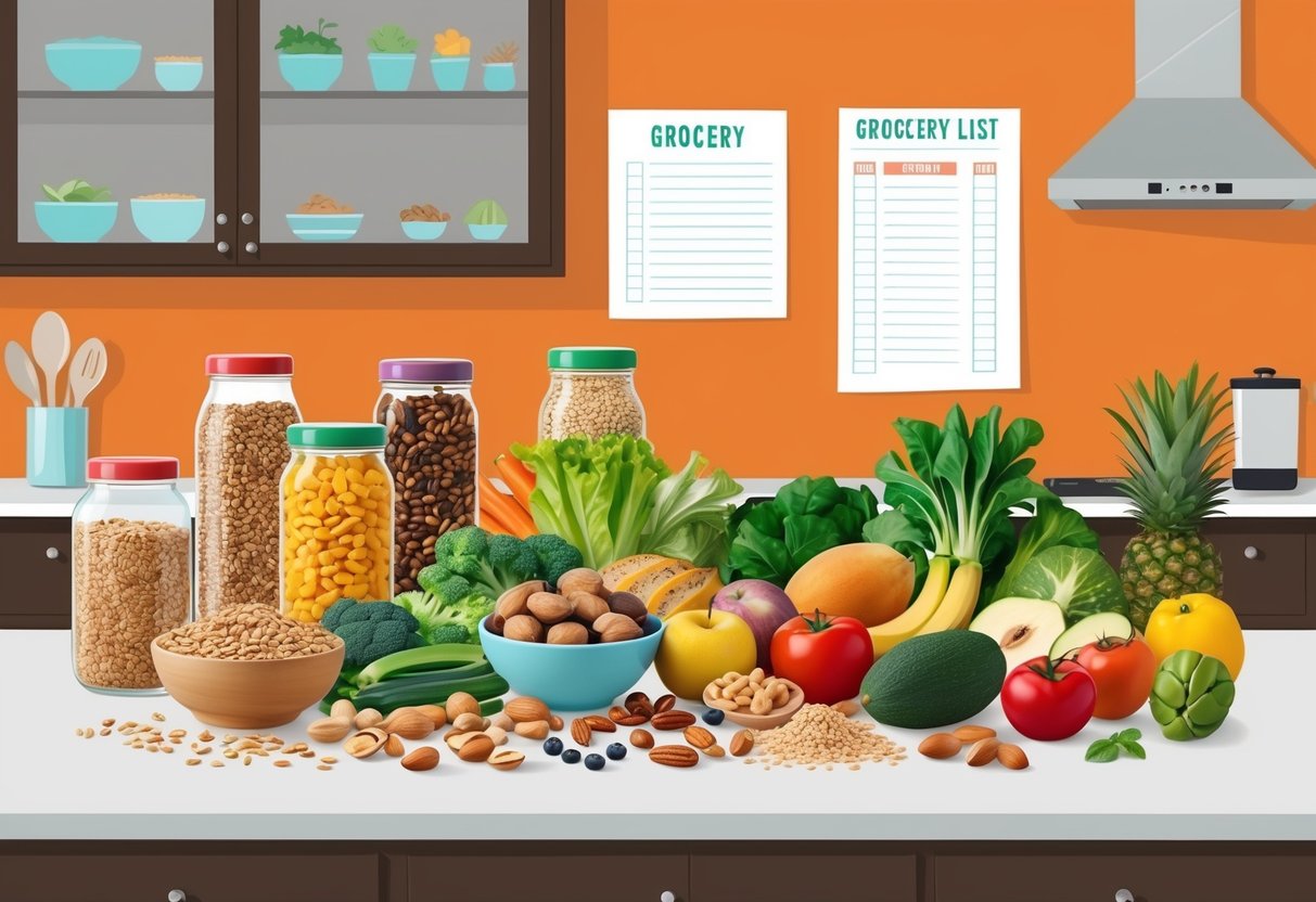 A colorful array of whole grains, nuts, fruits, and vegetables arranged on a kitchen counter, with a grocery list in the background