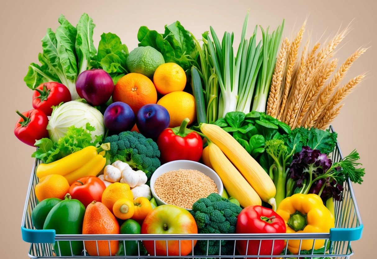 A colorful array of fresh fruits, vegetables, whole grains, and lean proteins filling a shopping cart