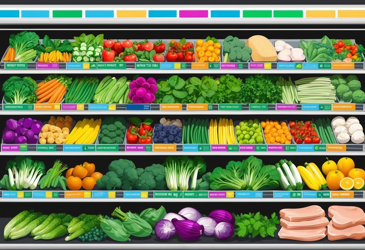 A colorful array of fresh vegetables, fruits, and lean proteins arranged neatly on a grocery store shelf, with vibrant labels indicating their health benefits